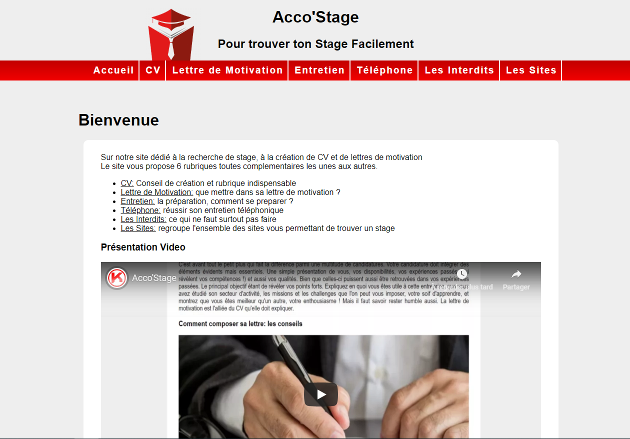 capture d'écran de la page d'accueil du site accostage